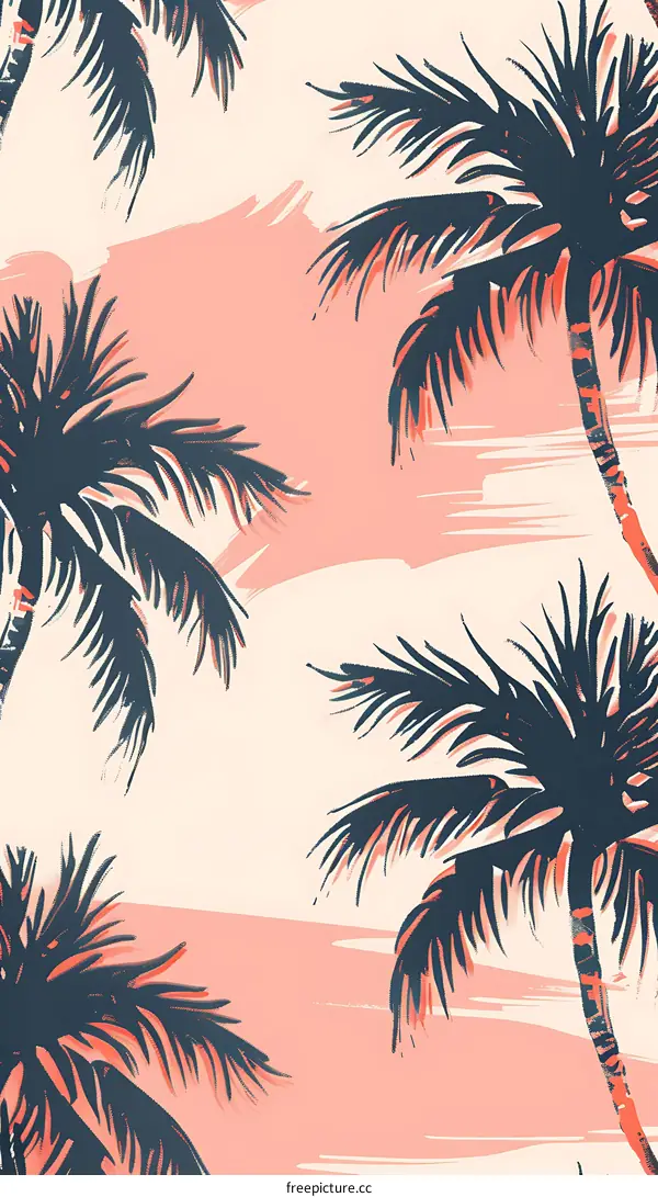 Tropical Palm Tree Silhouette Illustration With Pink Sunset Background