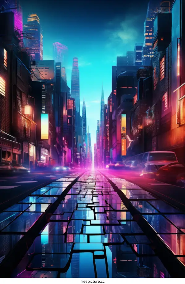 Cyberpunk Cityscape: Neon Lights Reflecting on Wet Pavement