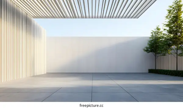 Minimalist Modern Patio Design with Wooden Pergola and Greenery