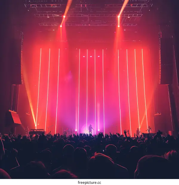 The crowd at a concert is lit up by red and pink lights.