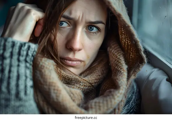 portrait of a sad looking woman wearing a headscarf