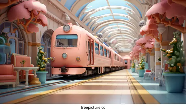 Pink and White Train in a Beautiful Station