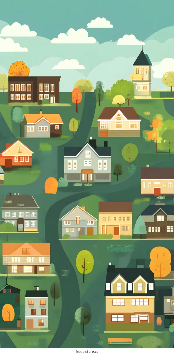 Illustration of a Suburban Neighborhood with Houses and Trees