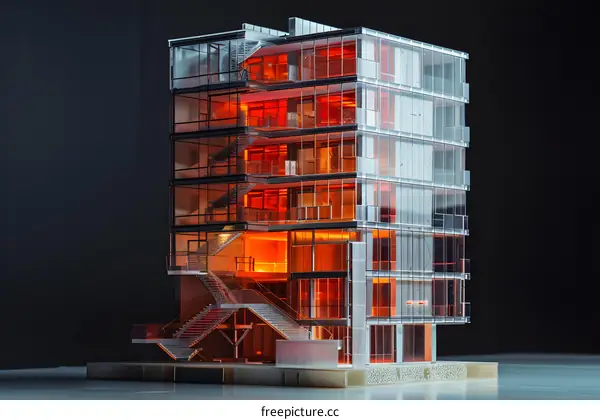 Modern Glass Building Architecture Model with Orange Lights