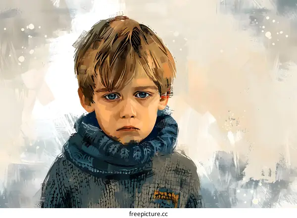 Portrait of a sad looking boy with blond hair and blue eyes wearing a blue sweater