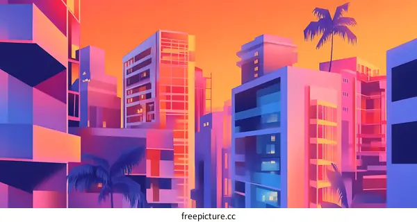 Modern Cityscape With Palm Trees In Sunset