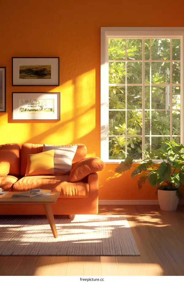 Orange Living Room With Sofa, Window and Sunlight