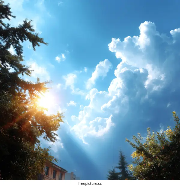 Beautiful Sunny Sky with Fluffy Clouds and Trees