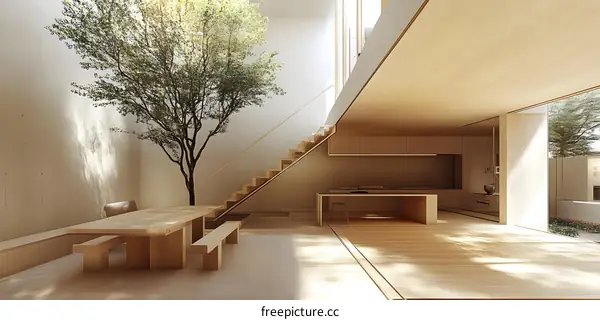 Minimalist Interior Design with Wooden Staircase and Natural Light