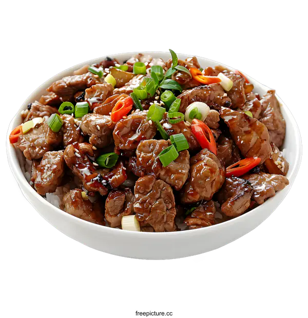 [Transparent Background PNG]Beef with vegetables and rice in white bowl