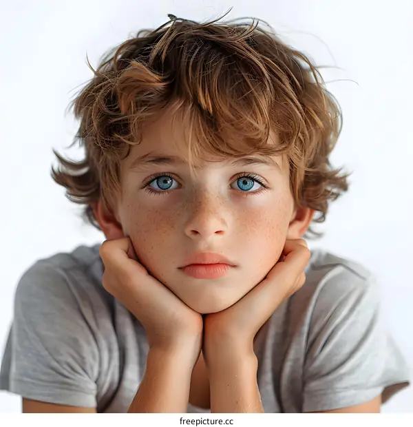 Portrait of a Young Boy with Blue Eyes and Freckles