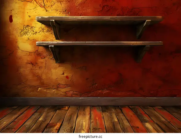 Rustic Wooden Shelves on Red Wall and Wooden Floor