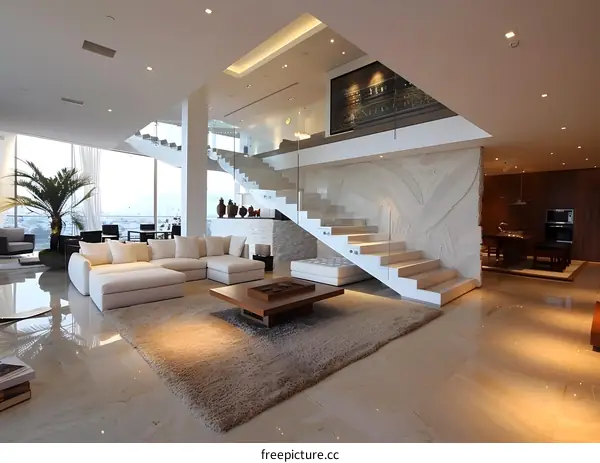 Modern Minimalist Interior Design With White Sofa and Wooden Coffee Table