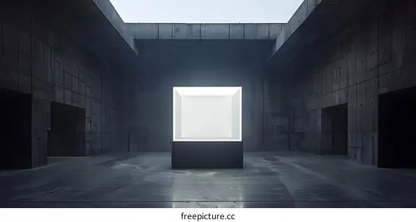 Minimalist Concrete Room with Glowing Cube