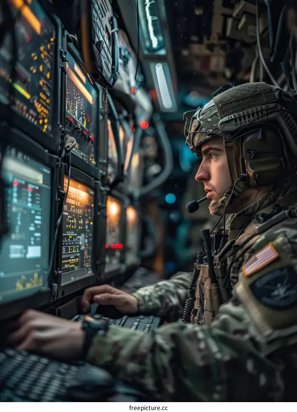 Soldier Utilizes Cutting-Edge Military Technology in Command Center