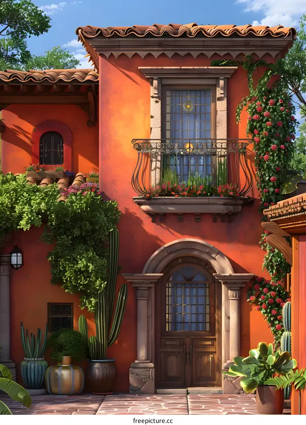 Mexican Style House with Balcony and Plants