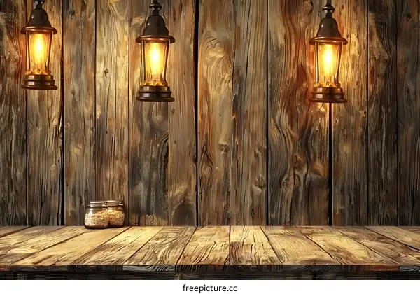 Vintage Lanterns Hanging On Rustic Wooden Wall