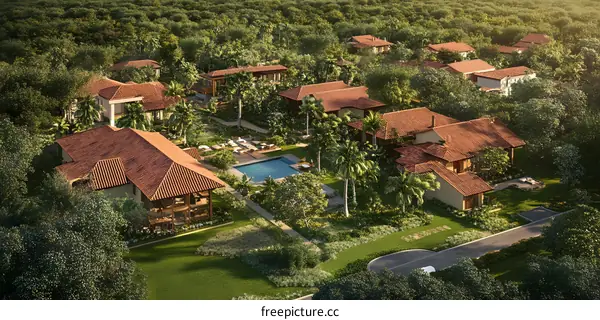 Aerial View of Tropical Villa Resort with Swimming Pool