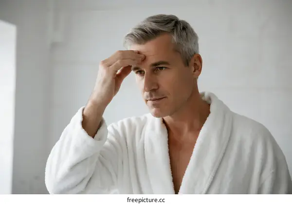 Middle-aged man in white bathrobe touching forehead with hand