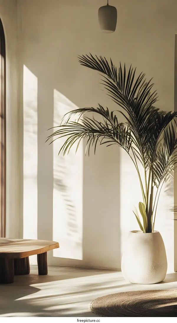 Minimalist Interior Design with Palm Plant and Wooden Table