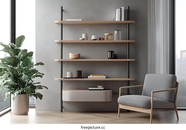 Modern Wooden Shelving Unit with Armchair