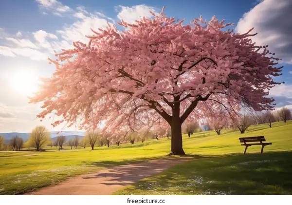 A beautiful cherry blossom tree in full bloom in a park