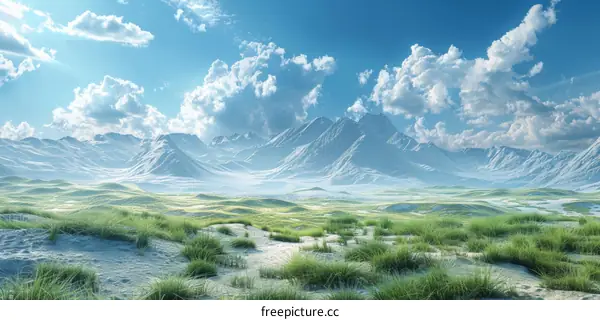 Serene Mountain Valley with Blue Sky and Green Grass