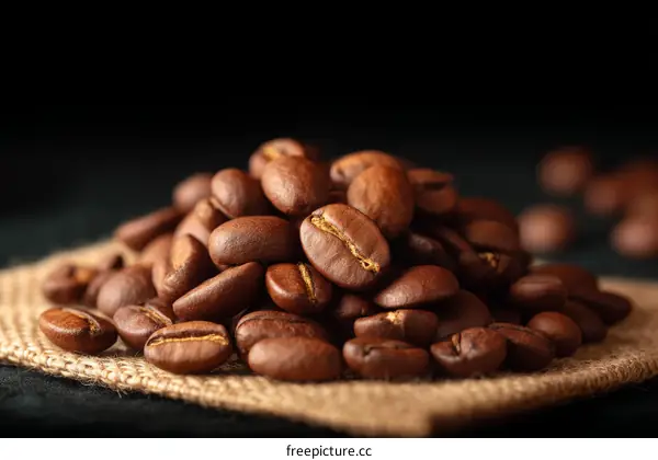 Close Up of Roasted Coffee Beans on Burlap