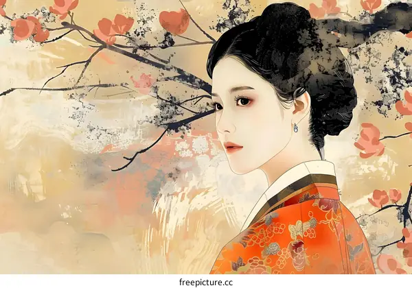 A beautiful painting of a Chinese woman in traditional dress