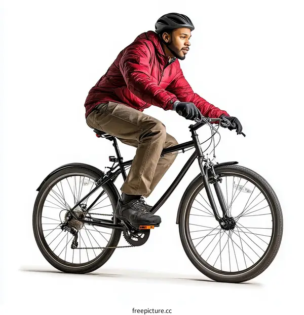 Man Cycling in Red Jacket on White Background