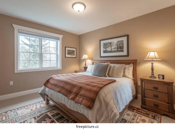Cozy Bedroom with Wooden Bed and Rustic Decor