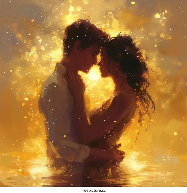 A couple is standing in the middle of a lake and is about to kiss