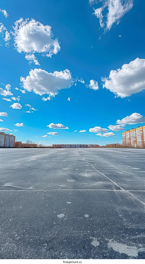 Empty Parking Lot on a Sunny Day with Blue Sky and White Clouds