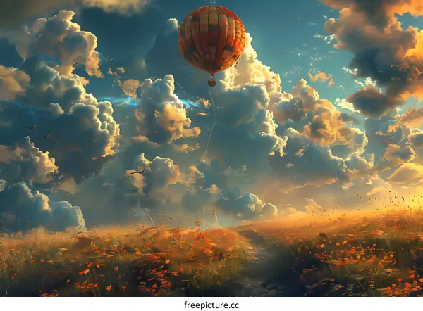 Hot Air Balloon Flying Over the Clouds