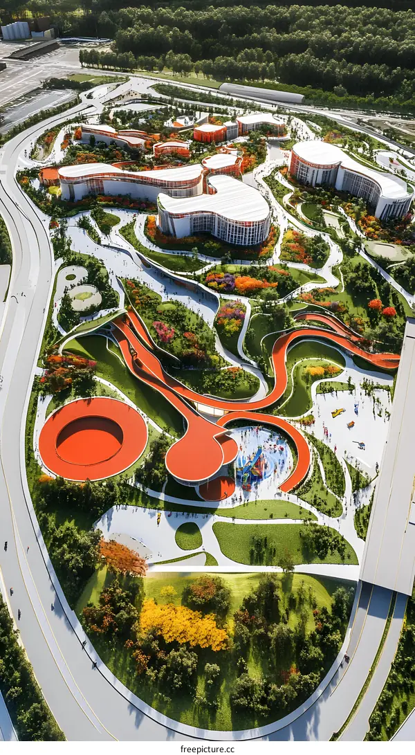 Aerial View of Modern Urban Park Design with Winding Paths and Colorful Landscaping