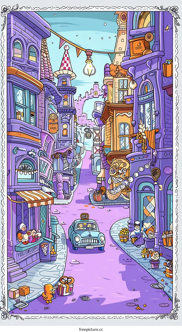 Cartoon Illustration of a City Street with Buildings and People