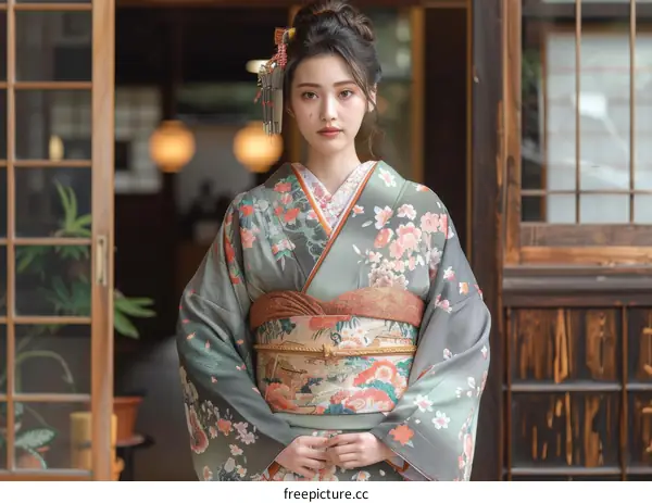 A woman wearing a kimono is standing in a traditional Japanese house.