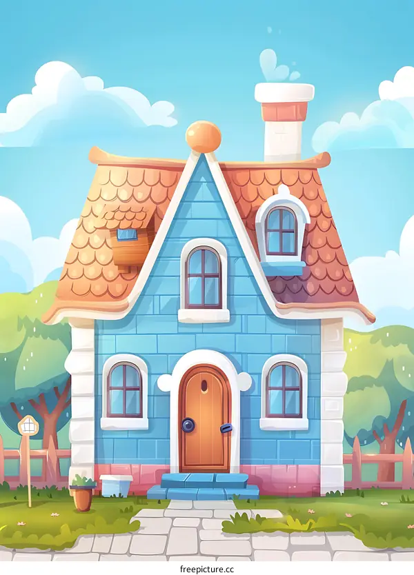 Cartoon Illustration of a Blue House with Orange Roof