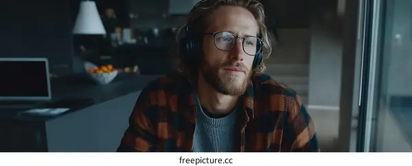 Focused Man in Headphones at Home Office