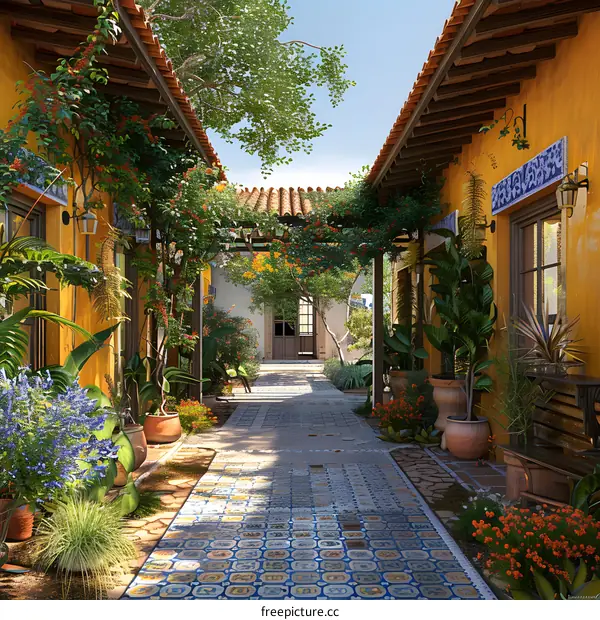 Spanish Colonial Courtyard With Stone Walkway And Lush Greenery