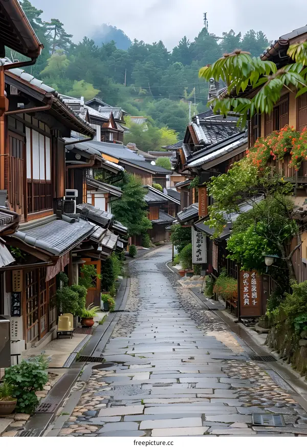Stone Paved Street in a Traditional Japanese Village