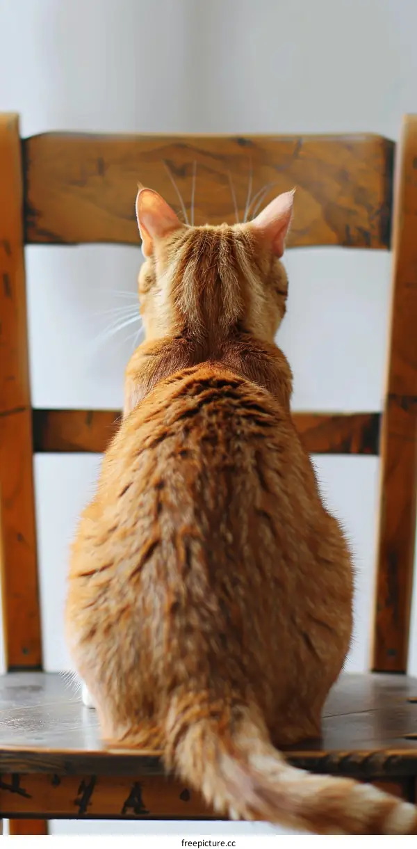 ginger cat sitting on a wooden chair looking out the window