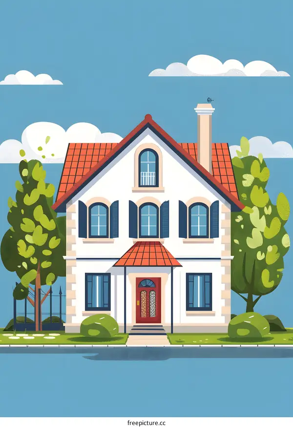 White House with Red Roof and Green Trees