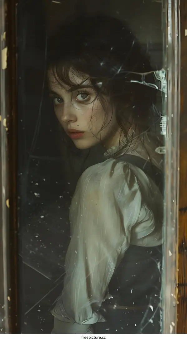 portrait of a girl with brown hair and brown eyes looking through a broken glass window