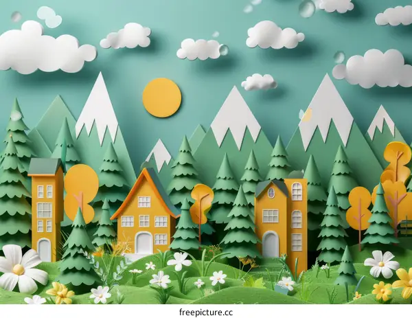 Idyllic Green Mountain Village Illustration