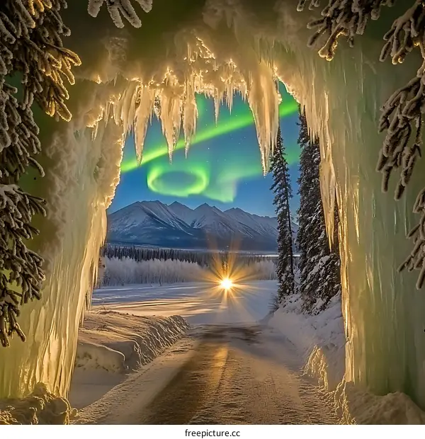 Winter Landscape with Aurora Borealis and Icicles
