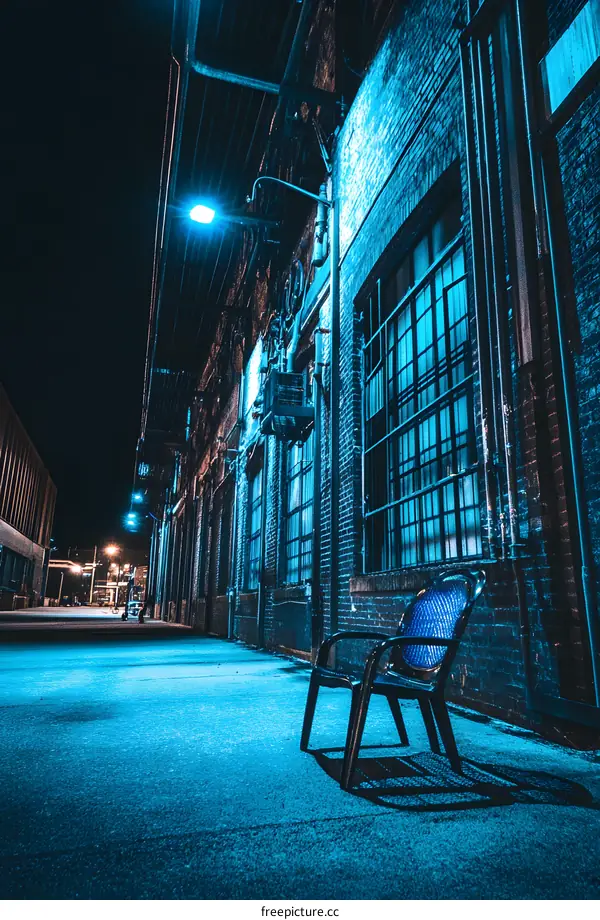 Nighttime View of an Empty Alleyway with a Chair