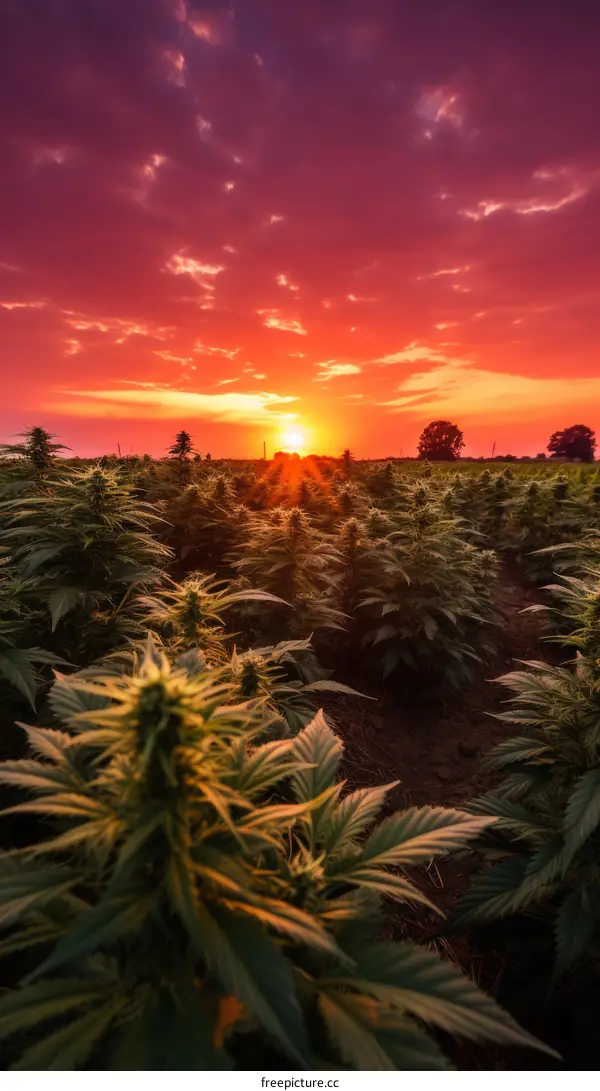 Cannabis Plants Growing in a Field at Sunset