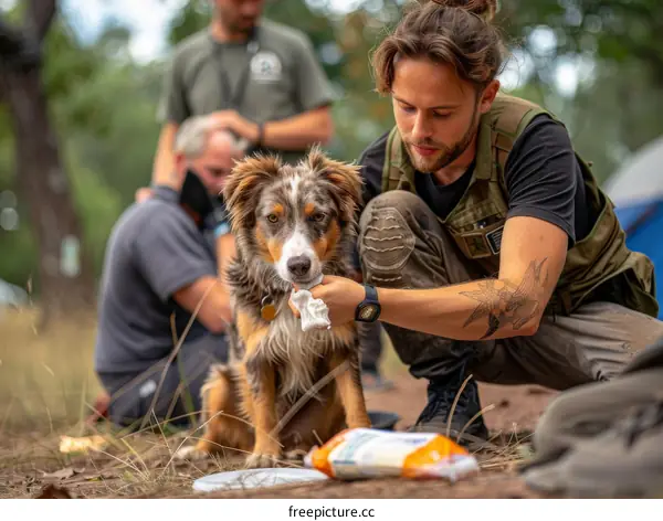 Man with Australian Shepherd dog in the woods