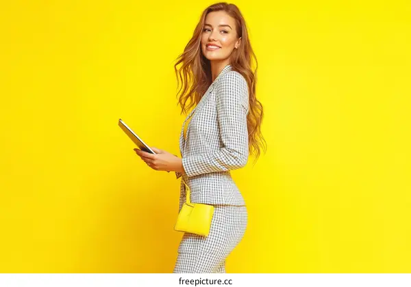 Stylish Woman Holding Tablet in Yellow Background